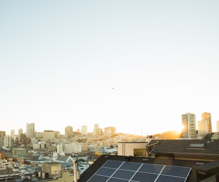 Commercial solar panel array on a sunny day